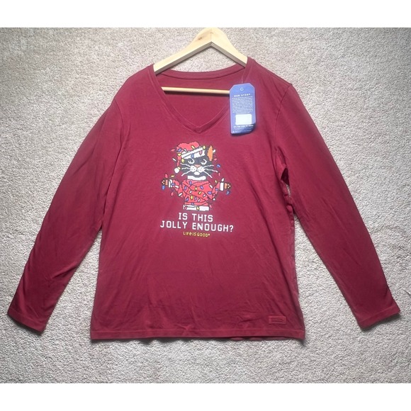 Life Is Good Long Sleeve V Neck T Shirt Cat Christmas Lights Jolly Enough Size L - Picture 2 of 8